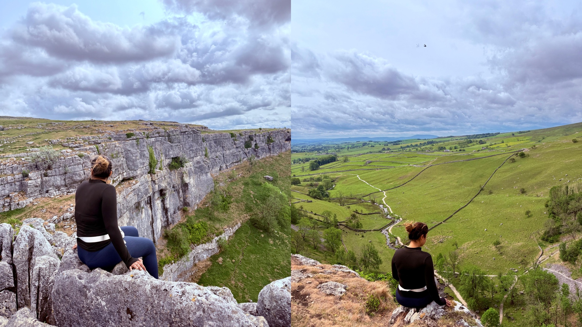 Person sitting above Malham Cove overlooking the valley