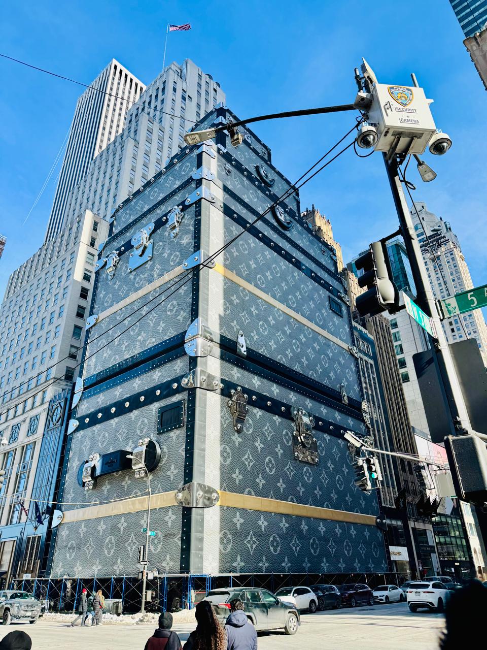 Giant Louis Vuitton trunk display on a New York City street